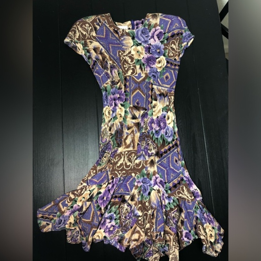 Petite Sophisticate Purple and Brown Floral Midi Dress Crew neck and zipper back